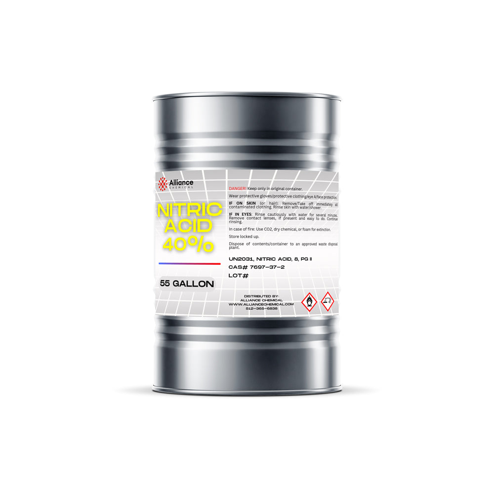 55-gallon steel drum of 40% Nitric Acid by Alliance Chemical, featuring UN2031 classification, hazard warnings, and corrosive/oxidizer symbols.